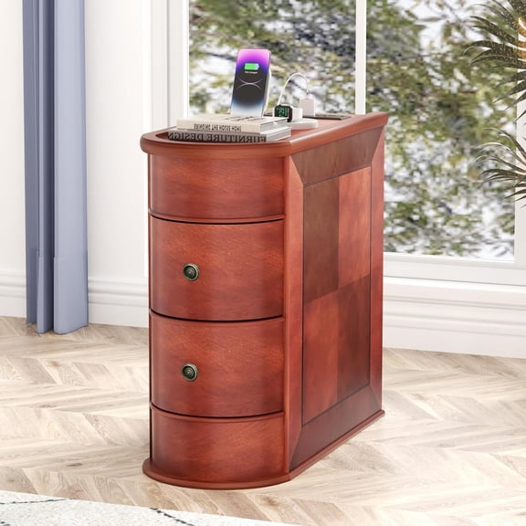Solid Wood Narrow End Table with Charging Station, USB Ports and Outlets, Fully Assembled Slim Chair Side Table for Living Room, Bedroom
