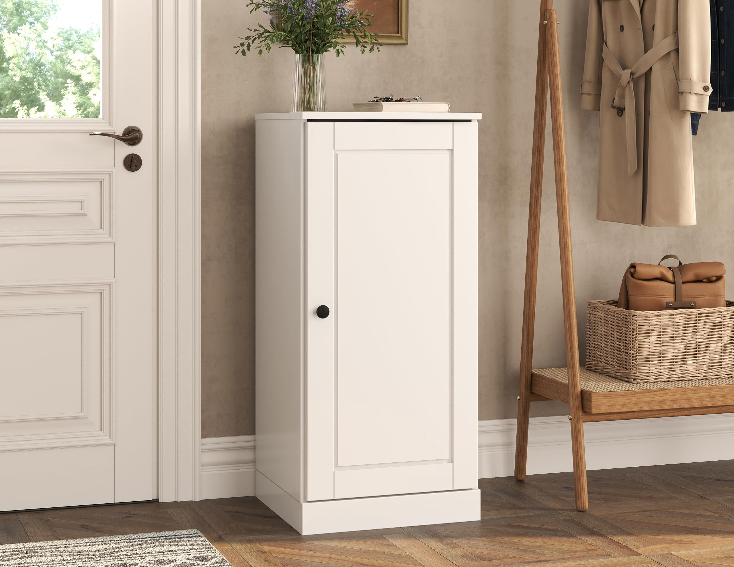 Simple Stackable Shelves Solid Wood Narrow Shoe Storage Cabinet with Raised Panel Door, White ...