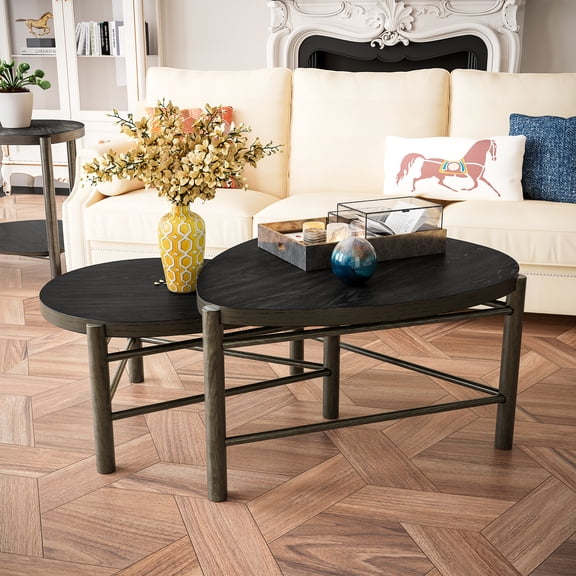 Solid Wood Nesting Coffee Tables Set of 2 Modern Minimalist Triangle Center Table for Living Room Glitter Black Cocktail Table Wooden Accent Stacking Side Tables for Home Office