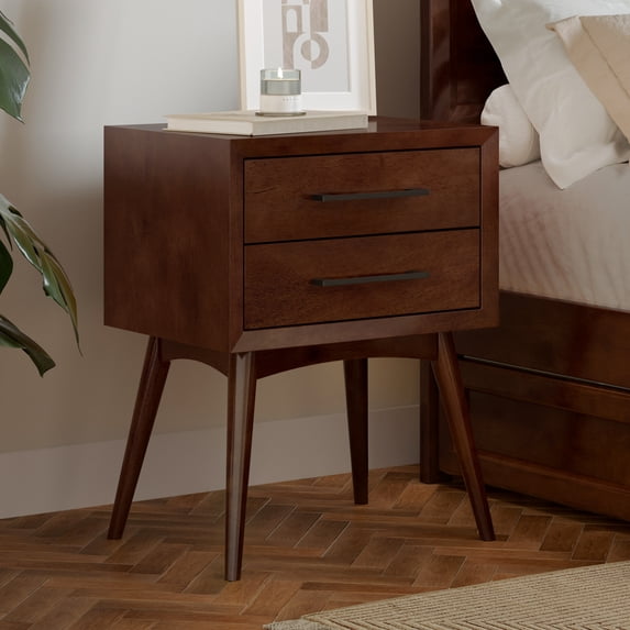 Solid Wood Nightstand - 2 Drawer Bedside Table - Mid-Century Modern - Walnut Finish
