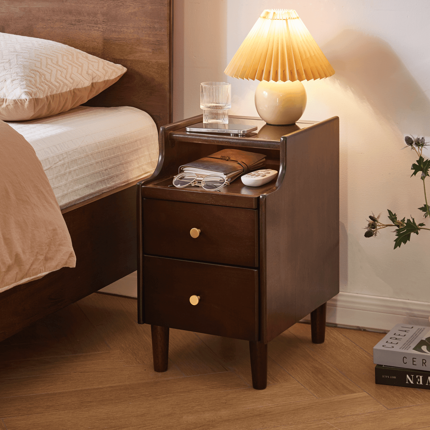 Solid Wood Nightstand, 2-Drawer Bedside Table with Pull-out Panel & Open Shelf, Rounded Edge Silent Slide, Waterproof Scratch-Resistant Side Table for Bedroom Living Room