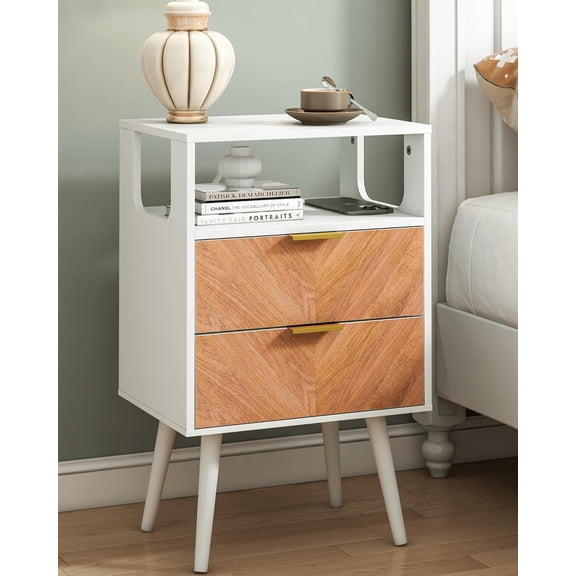Solid Wood Nightstand with 2 Storage Drawer and Open Wood Shelf, End Table, Bedside Table with Herringbone Pattern for Rustic Bedroom, Easy Assembly, Rustic Golden Brown and White