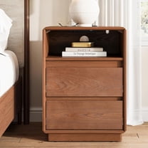 Solid Wood Nightstand with Charging Station and 2 Drawers for Bedroom, Mid Century Bedside Table, Wooden Night Stand Sofa Table for Living Room, Brown