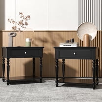 Solid Wood Nightstand with Charging Station, Traditional End Table with Drawers and Open Shelf, Bedside Table with Storage, Modern Side Table for Bedroom Set of 2, Black