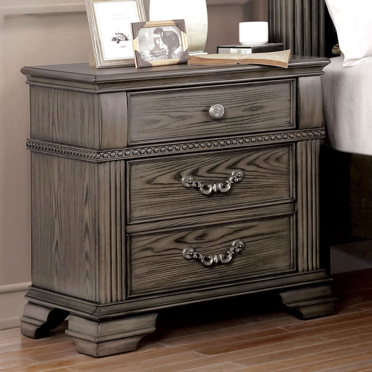 Solid Wood Nightstand Satin Knickel Knobs and Pulls, End Table with 2 Drawers, Modern Sofa Side