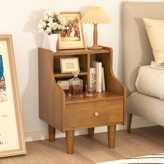 Solid Wood Nightstand, Walnut Bookshelf Nightstand with Open Storage Shelves, Mid Century Modern Night Stand with Drawer, Bedside Table for Bedroom