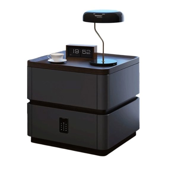 Solid Wood Nightstand with Lock for Bedroom, Ebony Leather Bedside Table