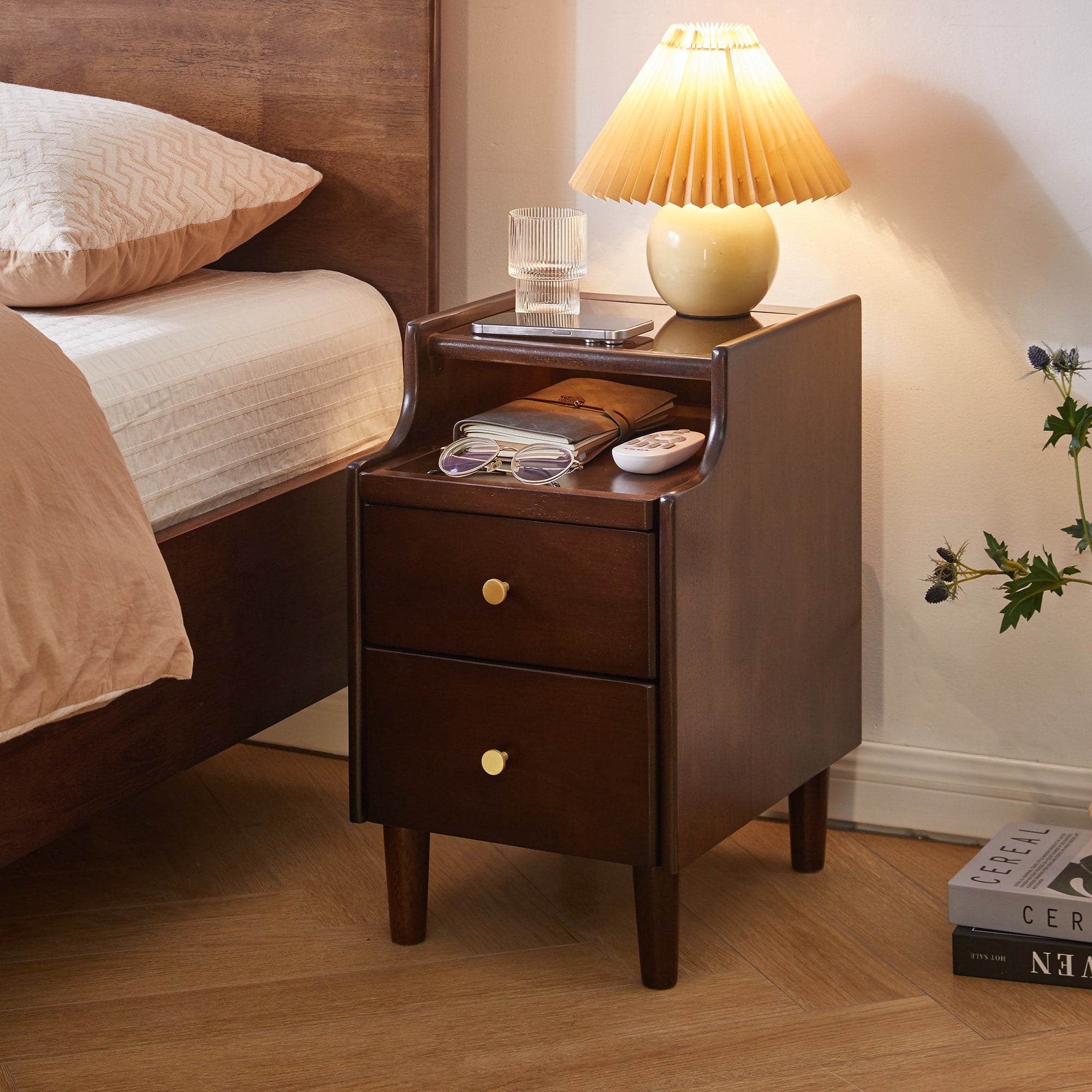 Solid Wood Nightstand with Two Drawers and Pull-out Panel Storage Bedside Table and Sofa Side Table
