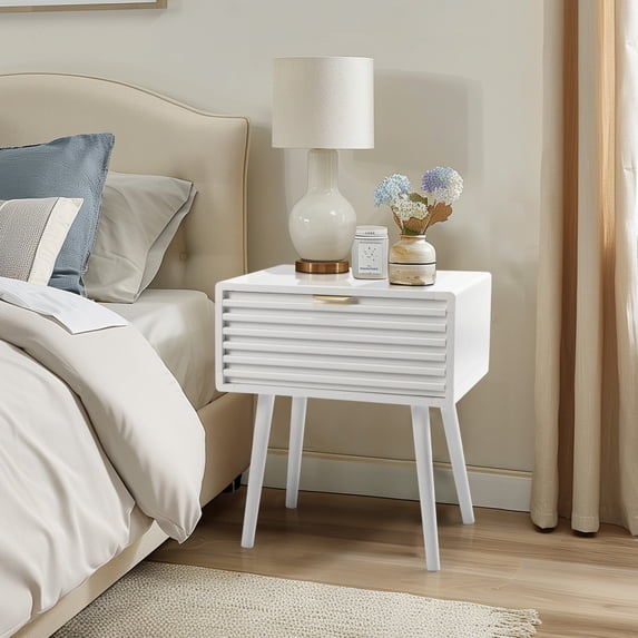 Solid Wood Nightstands with Drawers, Mid Century Modern Side Table, Small End Table Night Stand with Storage Drawer for Living Room, Bedroom, White