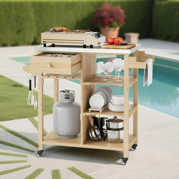 Solid Wood Outdoor Grill Cart Storage Cabinet Outdoor Grill Cart, BBQ Cart Prep Table with Stainless Steel Top, Drawer, & Open Shelves, Portable Rolling Kitchen Island for Patio, Garden, Backyard