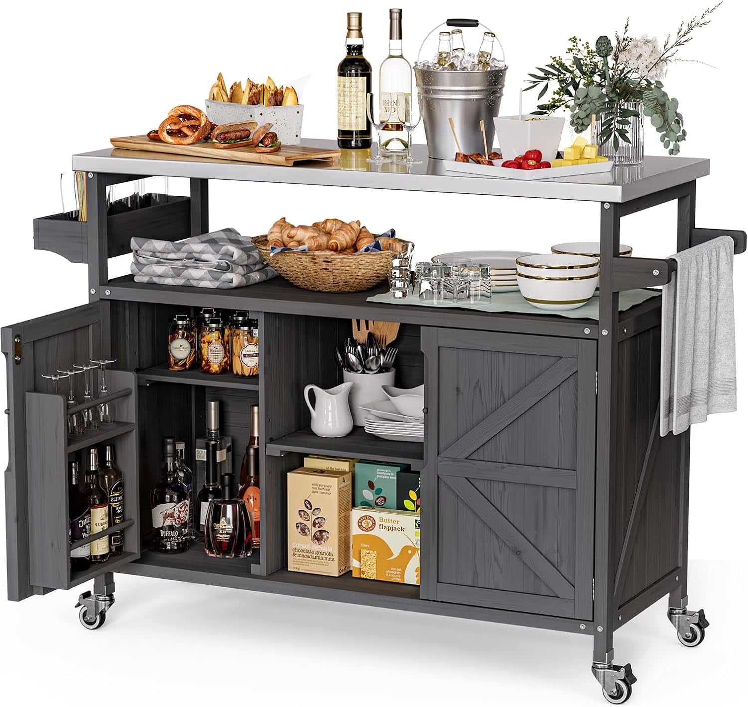 Solid Wood Outdoor Grill Table with Wheels and Storage Cabinet, Movable ...