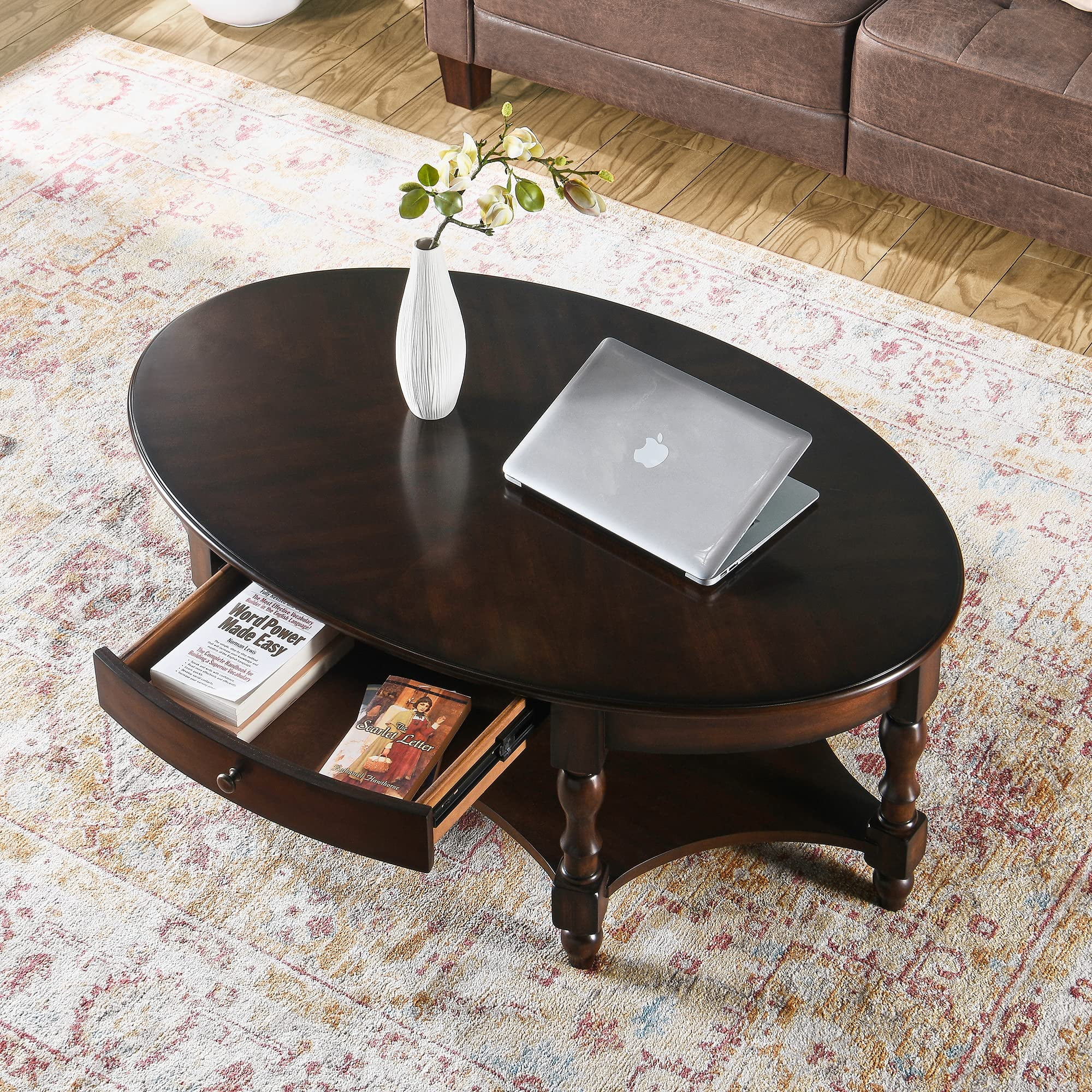 Solid Wood Oval Coffee Table with Drawer and Storage Shelf, 44.9
