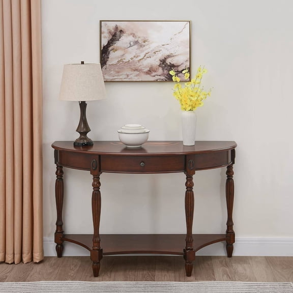 Solid Wood Oval Console Table with Drawer and Shelf, Traditional Semi-Circle Entryway Table for Living Room or Hallway