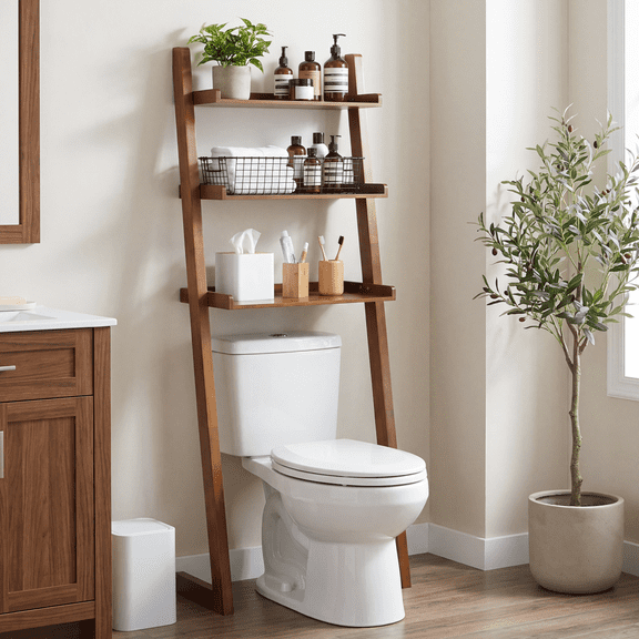 Solid Wood Over The Toilet Storage Shelf, 3-Tier Freestanding Bathroom Organizer, Space Saver Ladder Rack, Walnut