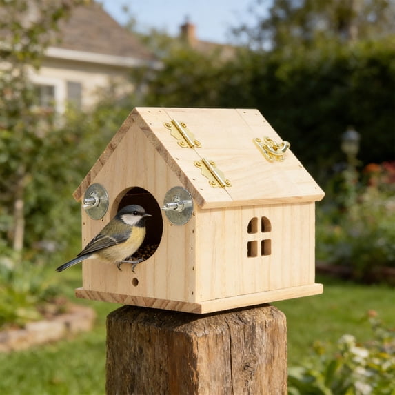 Solid Wood Bird House Feeder with Hinged Roof, Natural Pine Nest Box for Small Birds, Weatherproof Outdoor Habitat with Easy-Clean Design