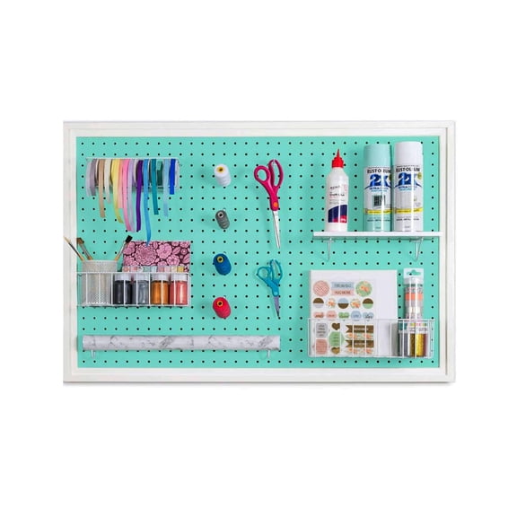 Solid Wood Pegboard Organizer, Wall Mount Craft Storage for Office , Includes Free Shelf, Compatible with 1/4" 1/8" Pegboard Accessories, Mint Green