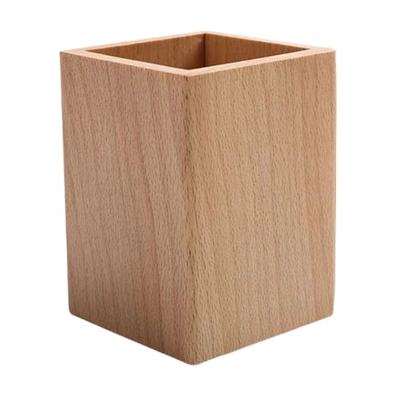 Solid Wood Pen Holder, Square Desktop Pencil Cup and Office Organizer for Pens Markers Brushes Remote Controls, 2.95 x 3.74 in, Beige