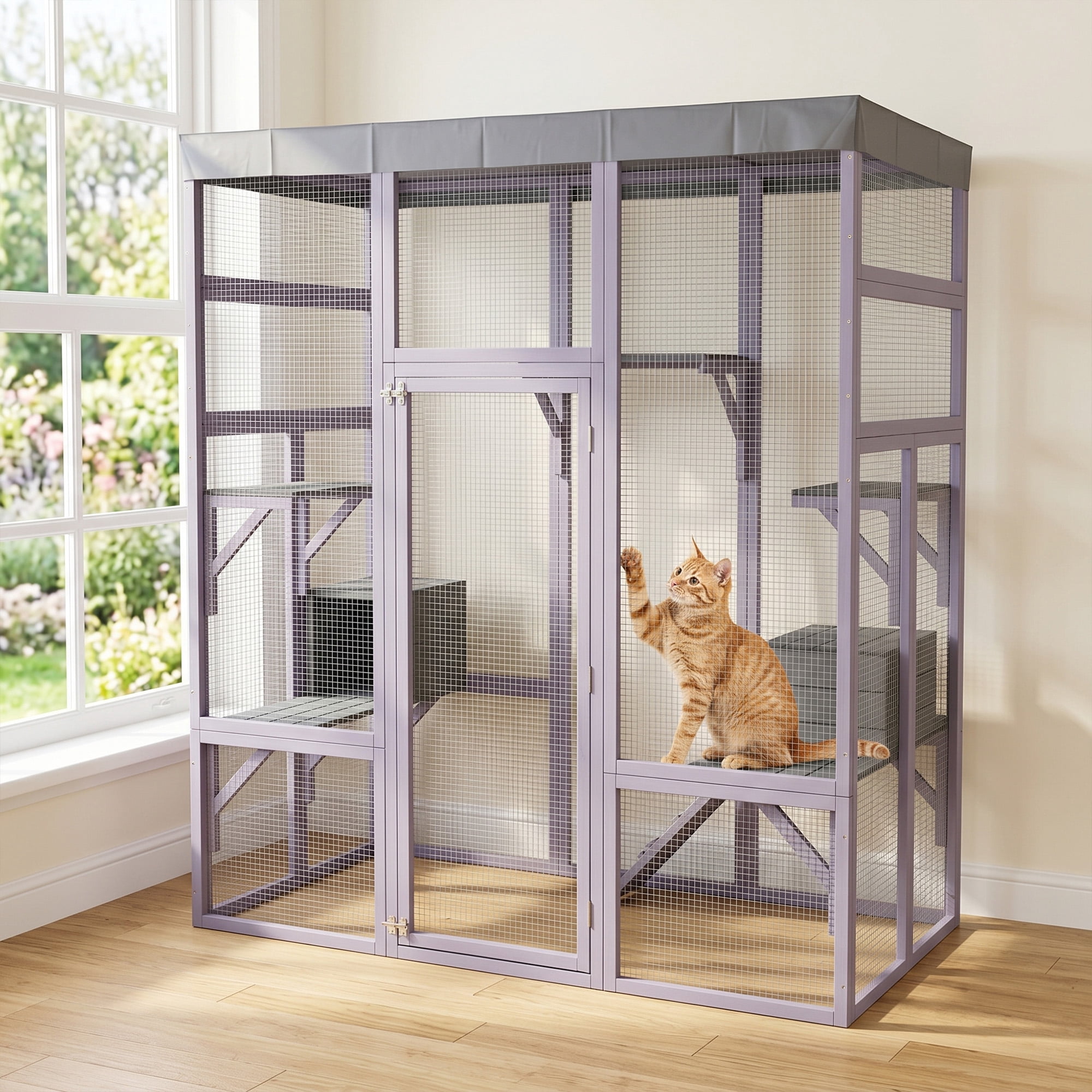 Solid Wood Pet Enclosure with Waterproof Fabric Top, Heavy Duty Metal Wire Mesh Dog Playpen, Spacious Indoor Pet House with Convenient Access Door Easy to Assemble for Small Medium Pets