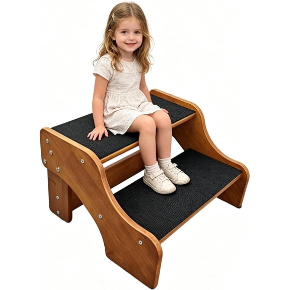 Solid Wood Pet Stairs/Steps with Handrail Non-Slip Ramp for Beds, Couches & Furniture 2/3/4/5 Step Options, Safe for Small & Large Dogs (2-Step)