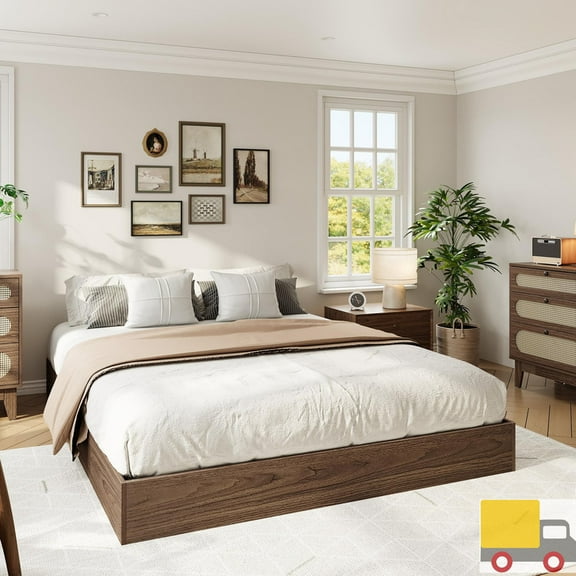 Solid Wood Platform Bed Frame, Floor-Standing, No Headboard, No Box Spring Needed, Noise-Free, Easy Assembly, Minimalist Modern Design for Small Spaces, Full, Brown