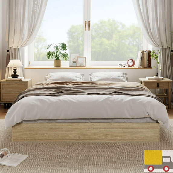 Solid Wood Platform Bed Frame, Floor-Standing, No Headboard, No Box Spring Needed, Noise-Free, Easy Assembly, Minimalist Modern Design for Small Spaces, Full, Natural