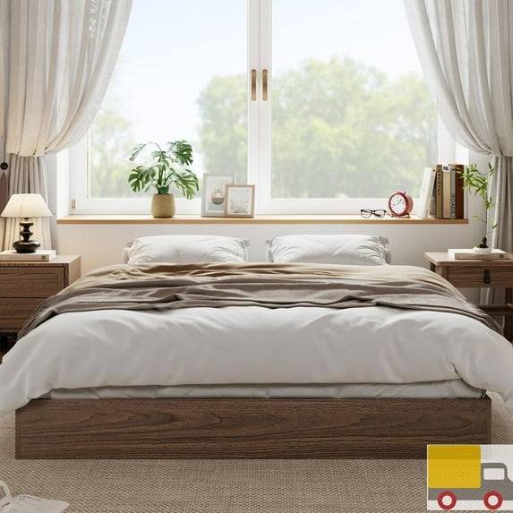 Solid Wood Platform Bed Frame, Floor-Standing, No Headboard, No Box Spring Needed, Noise-Free, Easy Assembly, Minimalist Modern Design for Small Spaces, King, Brown