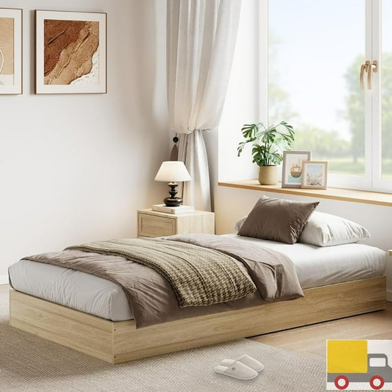 Solid Wood Platform Bed Frame, Floor-Standing, No Headboard, No Box Spring Needed, Noise-Free, Easy Assembly, Minimalist Modern Design for Small Spaces, Twin, Natural