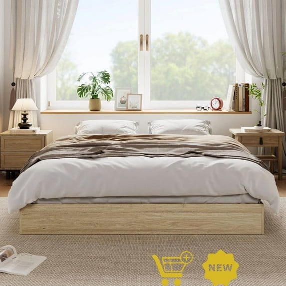 Solid Wood Platform Bed Frame, Floor-Standing, No Headboard, No Box Spring Needed, Noise-Free, Easy Assembly, Minimalist Modern Design for Small Spaces
