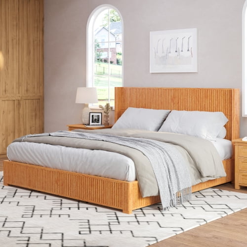Solid Wood Platform Bed Frame with Headboard, No Box Spring Needed, Floor-Standing, Easy Assembly, King Size, Beige