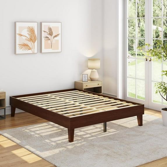 Solid Wood Platform Bed Frame with Wooden Slats Support 7.3-Inch Underbed Storage Noise-Free Design Easy Assembly Natural Wood Finish