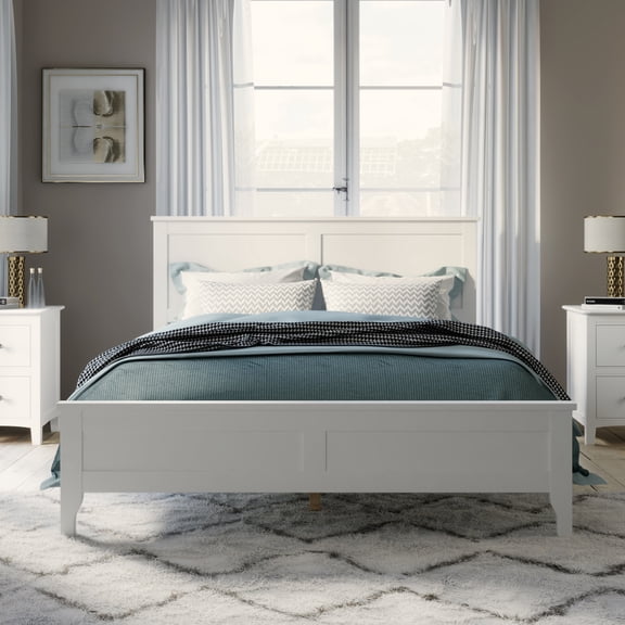 Solid Wood Platform Bed Full Size with Headboard, Modern Bed Frame with Wood Slats and Strudy Support, No Box Spring Needed, White