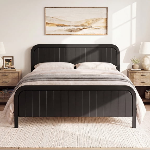 Solid Wood Platform Bed Queen Size with Headboard and Footboard, Mid Century Bed Frame, Wood Slats and No Box Spring Needed, Black