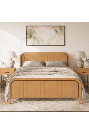 Solid Wood Platform Bed Queen Size with Headboard and Footboard, Mid Century Bed Frame, Wood Slats and No Box Spring Needed, Natural Oak