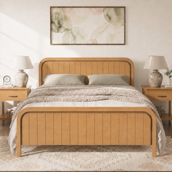 Solid Wood Platform Bed Queen Size with Headboard and Footboard, Mid Century Bed Frame, Wood Slats and No Box Spring Needed, Natural Oak