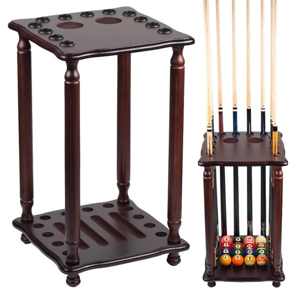 Solid Wood Pool Cue Rack Floor Stand with Ball Holder Tray, 12 Capacity Billiard Stick Storage Organizer for Game Room Corner, Heavy Duty Equipment