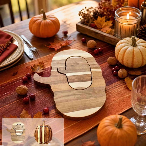 Solid Wood Pumpkin Shaped Serving Tray, Rustic Tea Board, Multi-Purpose Wooden Chopping Block, Fall Harvest Cheese Platter, Durable Kitchen Decor for Entertaining Guests Seasonally, Brown-B