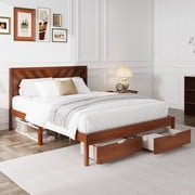 Flexispot Solid Wood Queen Platform Bed Frame with Storage Drawers, Pine Wood Bed Frame, 750 lbs Heavy Duty, Herringbone Headboard, 11  Underbed Storage, Noise-Free, Easy Assembly