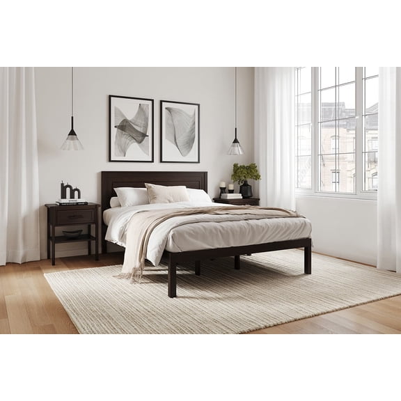 Solid Wood Queen Bed Frame with Headboard Sturdy, No Box Spring Needed, Non-Slip Slats, Noise-Free, Underbed Storage, Easy Assembly