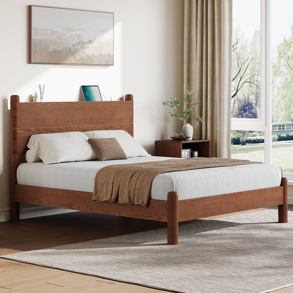Solid Wood Queen Bed Frame with Storage Headboard and Charging Station, Modern Queen Size Platform Bed Frames, No Box Spring Needed