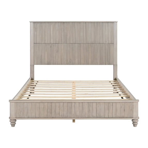 Solid Wood Queen Bed Frame with Tall Headboard, No Box Spring Needed, Beige