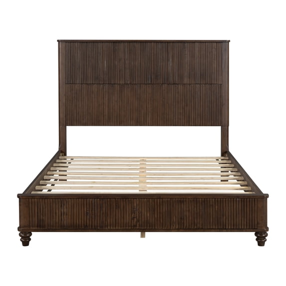 Solid Wood Queen Bed Frame with Tall Headboard, No Box Spring Needed, Walnut