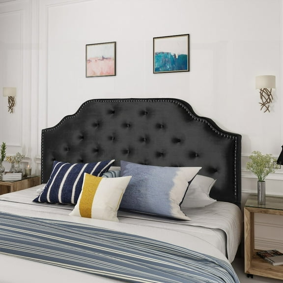 Solid Wood Queen Headboard featuring Durable Metal Legs, Tufted Button Design & Nailhead Accents, Adjustable for Bedroom Style