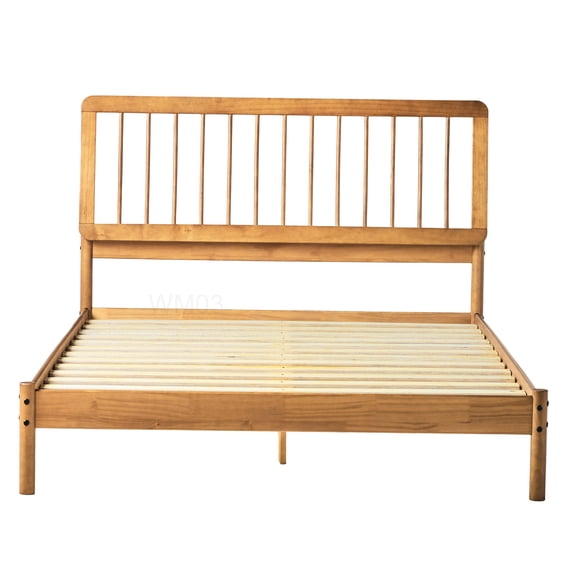 Solid Wood Queen Platform Bed Frame, Mid-Century Design with Center Support Slats in Caramel Finish