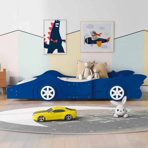Solid Wood Race Car-Shaped Platform Bed with Wooden Slats, Bed with Wheels, Platform Bed with Headboard and Footboard, No Box Spring Needed (Blue,Twin)