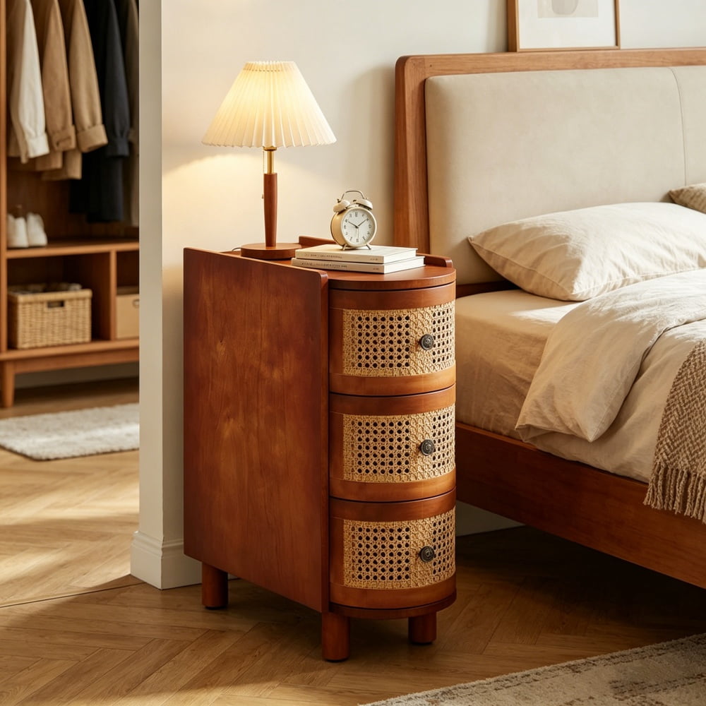Solid Wood Rattan 3-Drawer End Table, Quick Partial Assembly Nightstand Side Table with Metal Pull Handles for Living Room Bedroom