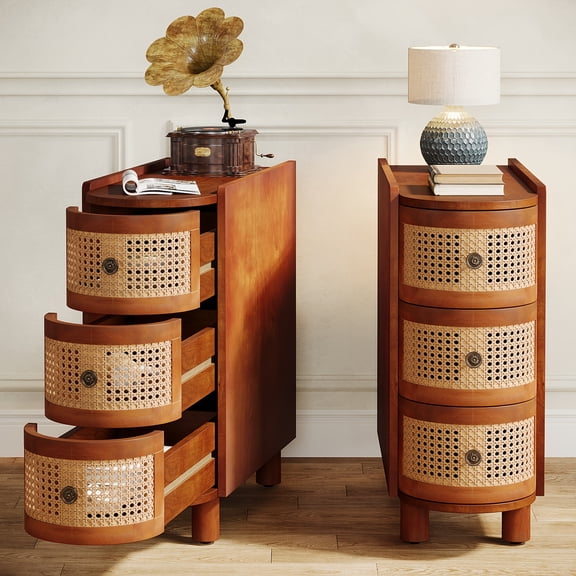 Solid Wood & Rattan 3-Drawer End Table with Vintage Embossed Handles - Slim Space-Saving Nightstand, Walnut & Oak Finish, No Assembly Required