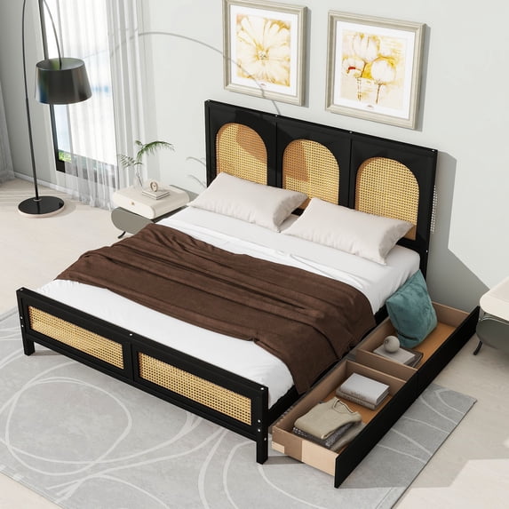 Solid Wood Rattan Bed Frame with 2 Drawers, Rattan Headboard and Footboard, Platform Bed Frame, Mid Century Bedframe, Wood Foundation(Black, Queen)