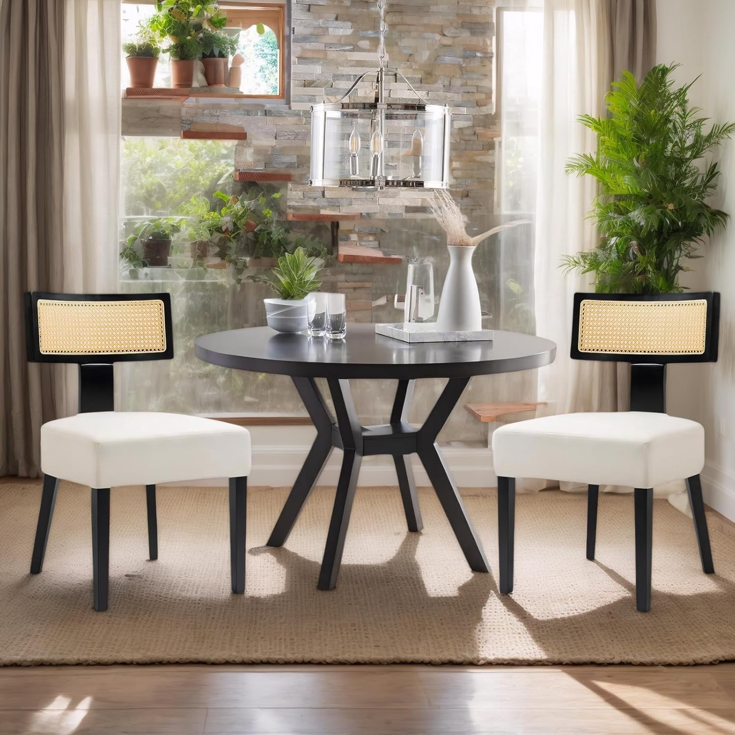 Solid Wood Rattan Dining Table and Chairs, Beige, Retro Home Decor, Living Room Armchair, Dining Room (set of2)