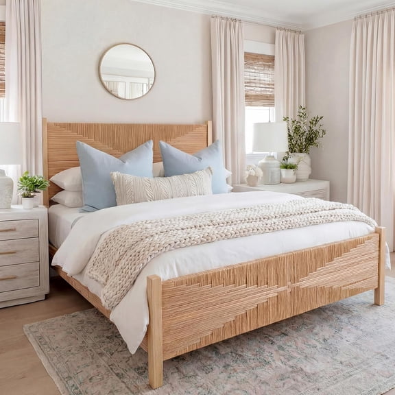 Solid Wood Rattan Queen Bed Frame with Tall Headboard and Footboard, Mid Century Modern Hand-Woven Rattan Bedframe with Vintage Pattern, Boho Wooden Bed with Metal Slats, No Box Spring Needed