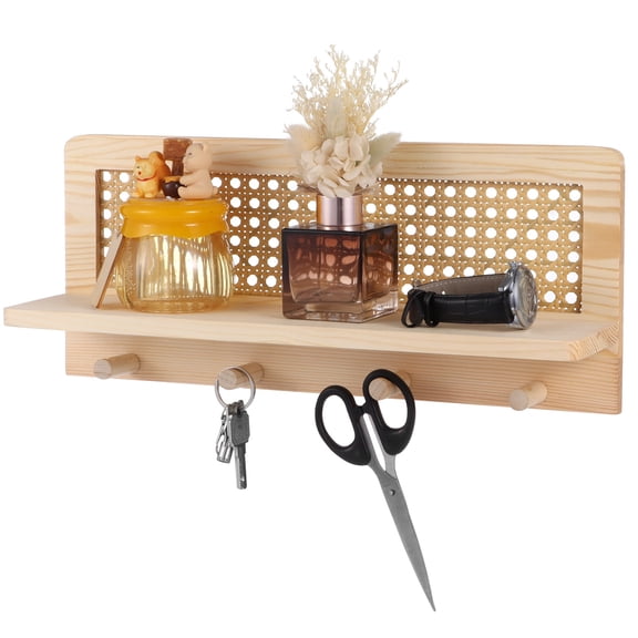 Solid Wood Rattan Wall Shelf, Floating Entryway Organizer with 4 Hooks & Mounting Screws, Multi-Functional Storage & Key Holder for Hallway, Office, Bedroom, Living Room